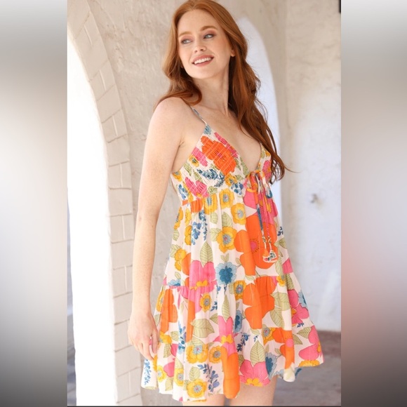 Angie Floral Print Smocked V Neck Babydoll Mini Sundress Cottagecore Ruffle M - Picture 2 of 15